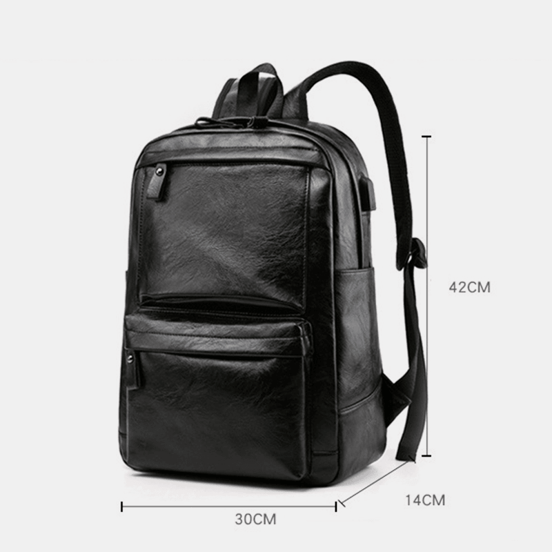 Men USB Charging Faux Leather Business Retro Large Capacity Waterproof 15.6 Inch Laptop Bag Backpack - MRSLM