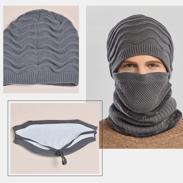 Unisex 3PCS plus Velvet Thick Warm Neck and Ear Protection Mask Headgear Scarf Knitted Hat Beanie - MRSLM