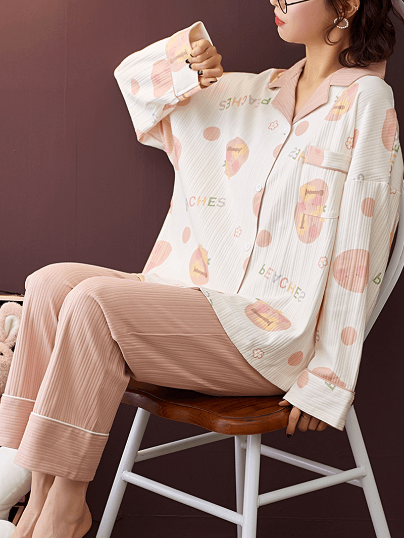 Women Ribbed Letter Print Revere Collar Shirt Elastic Waist Pants Home Cotton Pajama Set - MRSLM