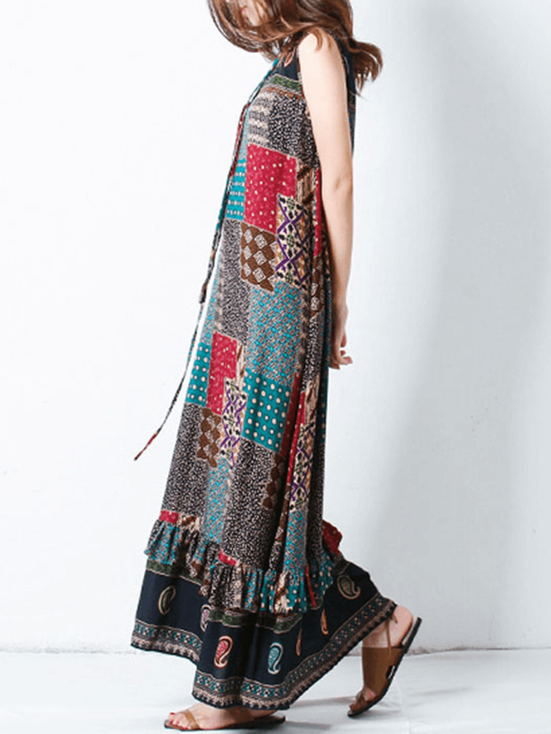 Bohemian Women Sleeveless O-Neck Printed Maxi Tank Dress - MRSLM