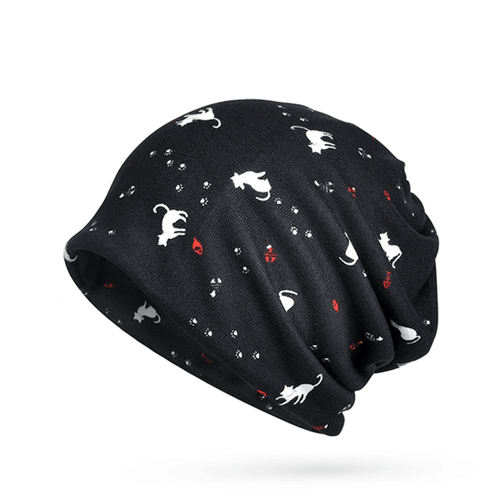 Women Cotton Cat Printing Beanie Hats Casual Outdoor Warm for Both Hats and Scarf Use - MRSLM