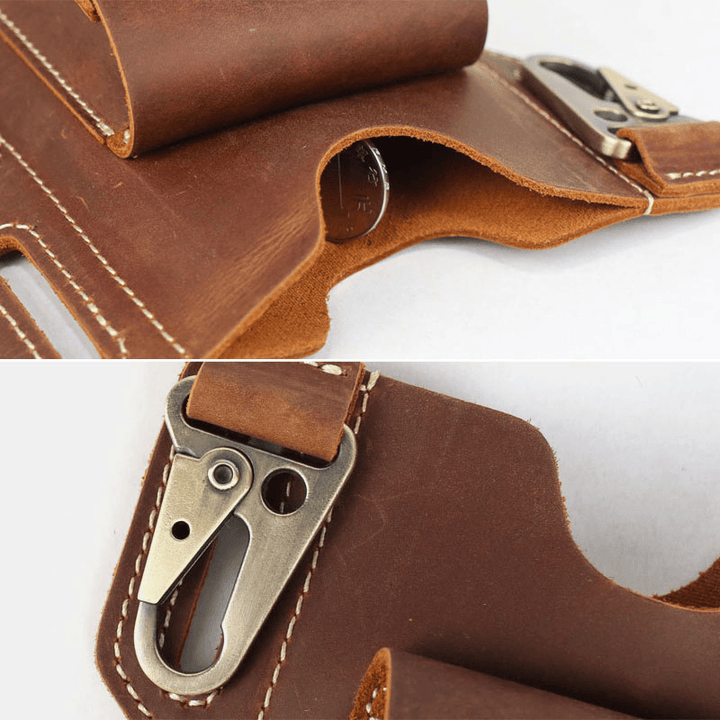 Men Genuine Leather Multifunction Keychain Sport Waist Bag Retro 6.5 Inch Phone Bag Waterproof Belt Bag - MRSLM