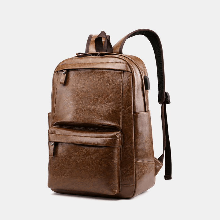 Men USB Charging Faux Leather Business Retro Large Capacity Waterproof 15.6 Inch Laptop Bag Backpack - MRSLM