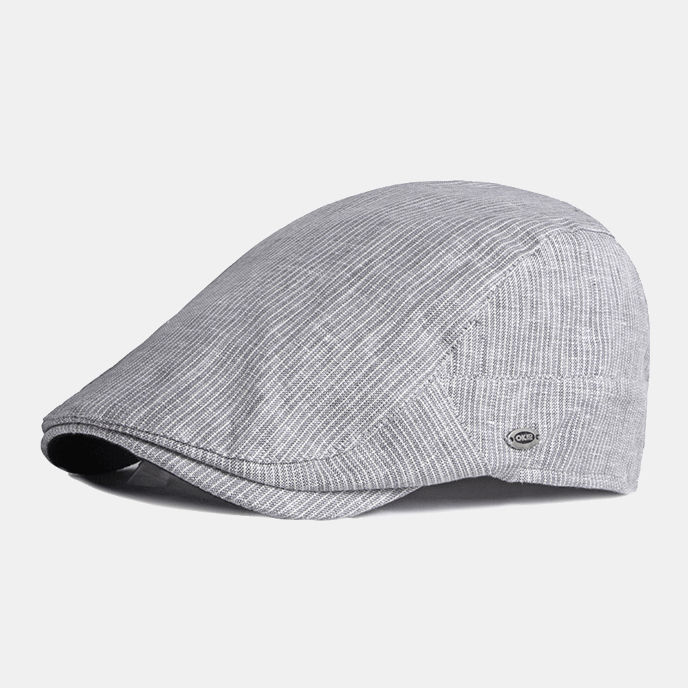 Men Cotton Linen Pinstripe Beret Cap British Retro Metal Label Adjustable Casual Flat Cap - MRSLM