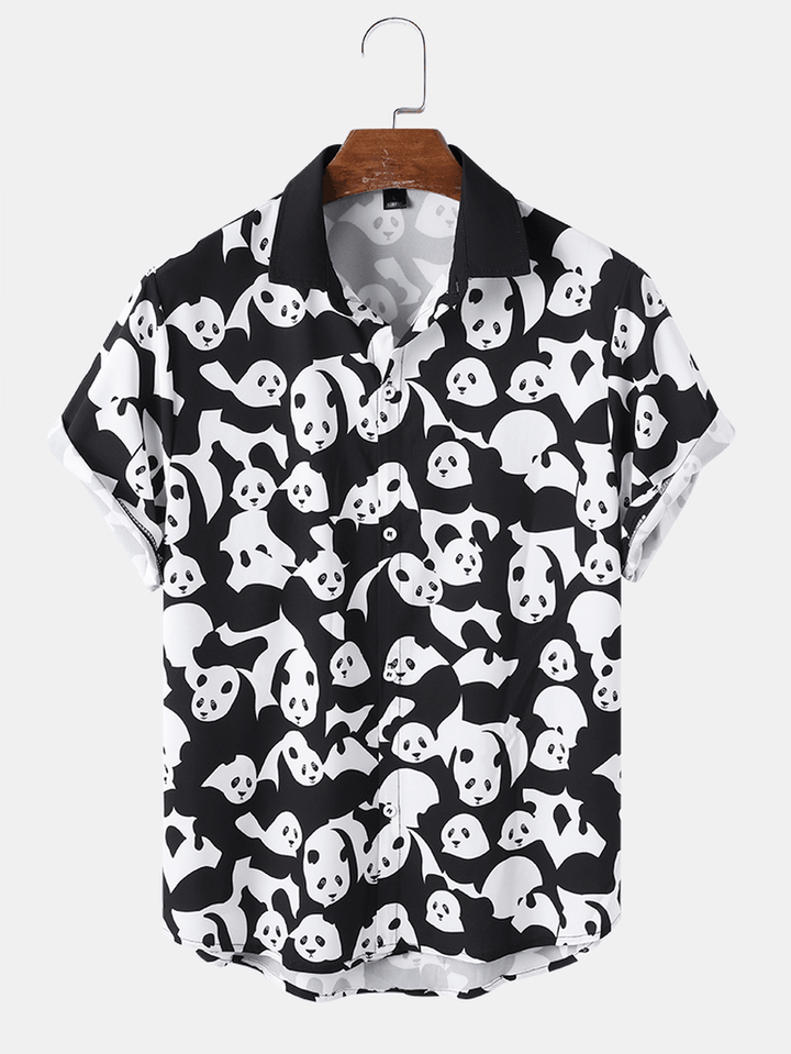 Mens Cartoon Panda Print Color Contrast Short Sleeve Shirt - MRSLM