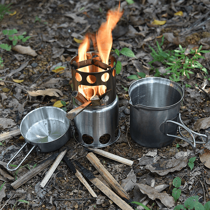 AOTU Camping Stove Set Portable Wood Burning Furnace Picnic Pot Portable Stainless Steel Cookware - MRSLM