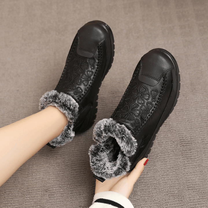 Women Comfy Floral Embroidered Waterproof Warm Lining Cotton Snow Boots - MRSLM