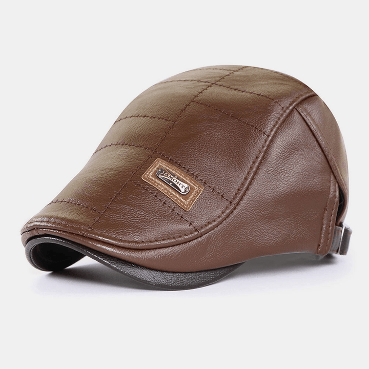 Collrown Men Faux Leather Autumn Winter Solid Keep Warm plus Velvet Fashion Leather Adjustable Beret Hat - MRSLM