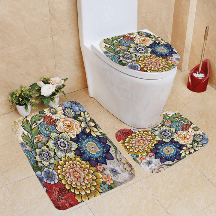 4Pcs Bathroom Mat Set Pedestal Rug Lid Toilet Cover Shower Curtain Non Slip - MRSLM