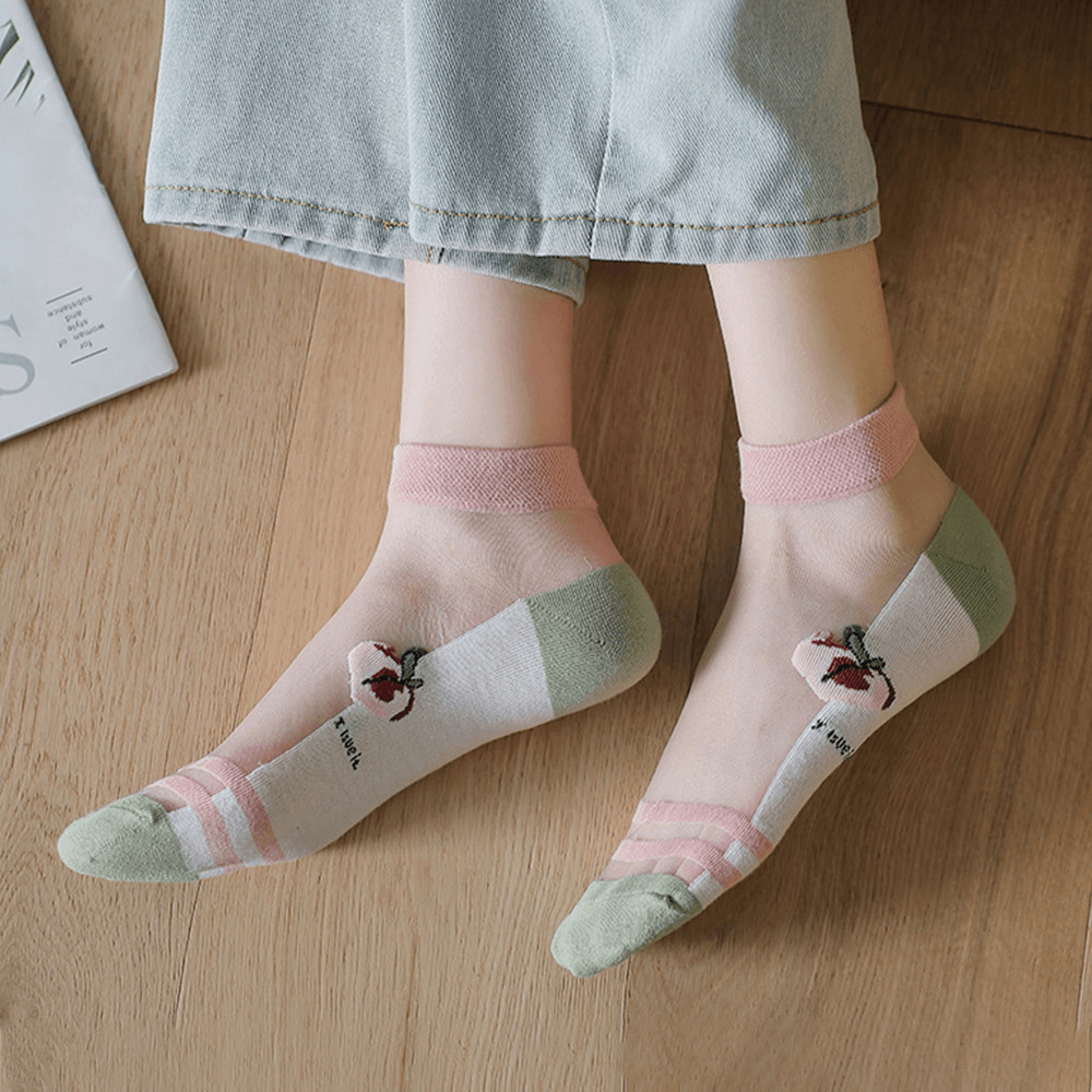 3 Pairs Women Cotton Glass Silk Peach Letters Stripes Pattern Jacquard Breathable Socks - MRSLM