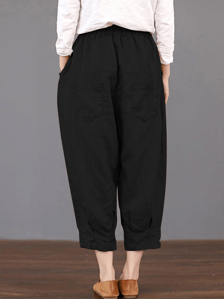 Women Solid Color Elastic Waist Loose Cotton Pants - MRSLM