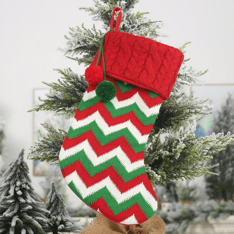 Knitted Christmas Stockings Gift Holders with Two Pom-Poms Xmas Tree Fireplace Hanging Ornaments Chrismas Decorations Sock - MRSLM