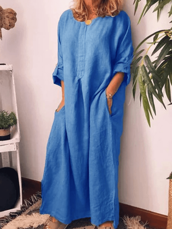 Loose Solid Color Long Sleeve Casual Maxi Dress - MRSLM