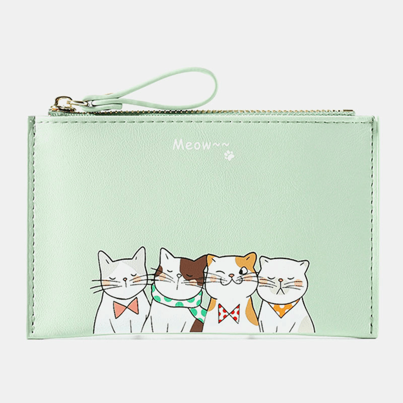 Women Faux Leather Cute Cartoon Cats Printing Ultra-Thin Card Case Coin Bag Wallet - MRSLM