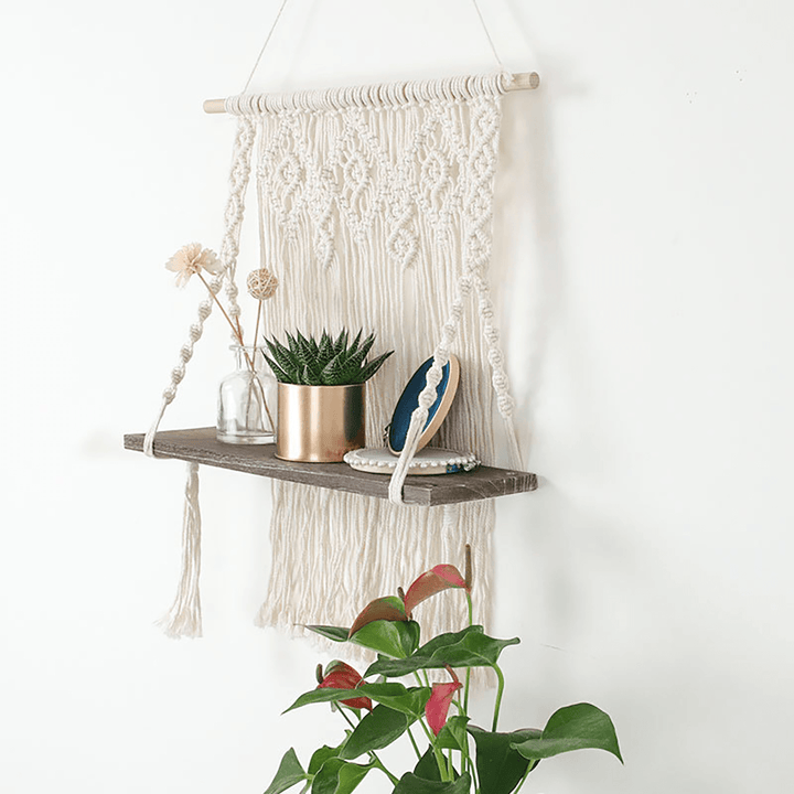 Macrame Plant Hanger Platform Basket Bohemian Hand Woven Tapestry Wood Pot Shelf - MRSLM