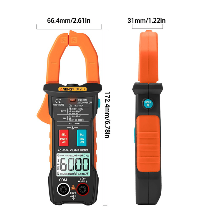 ANENG ST207 Digital Bluetooth Multimeter Clamp Meter 6000 Counts True RMS DC/AC Voltage Tester AC Current Hz Capacitance Ohm - MRSLM