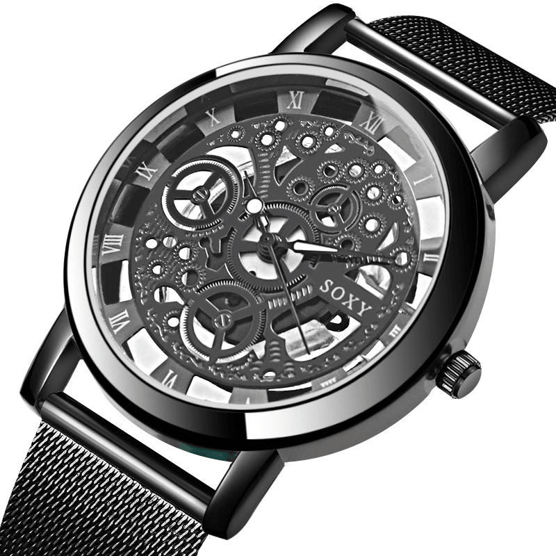 SOXY Fashion Creative Hollow Dial Stainless Steel Strap Men Quartz Watch - MRSLM