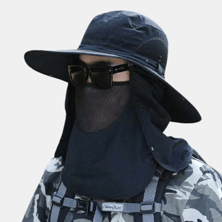 Unisex Big Brim Dual-Use Windproof Rope Mask Curtain Cover Face Summer Outdoor Fishing 360 Degree Sunshade Bucket Hat - MRSLM