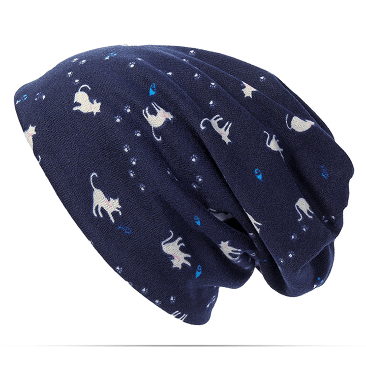 Women Cotton Cat Printing Beanie Hats Casual Outdoor Warm for Both Hats and Scarf Use - MRSLM