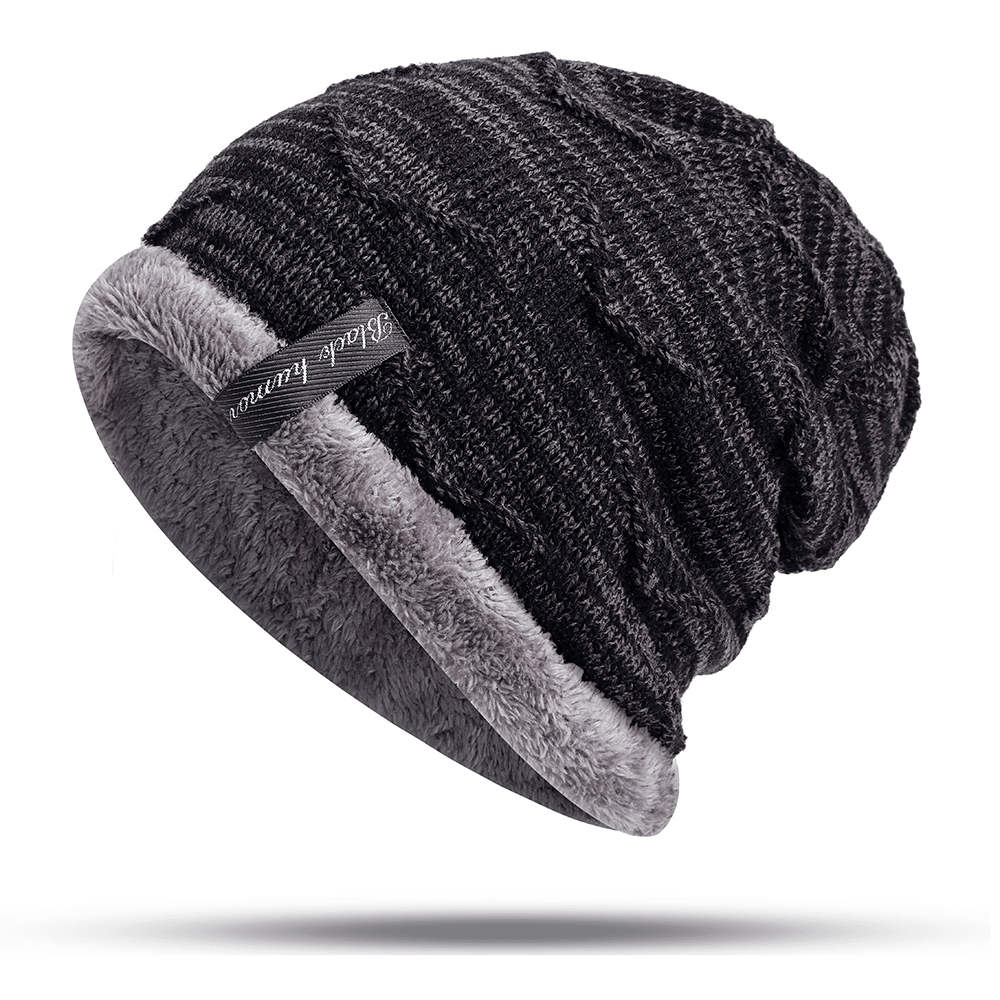 Mens plus Velvet Knitted Stripe Beanie Hats Outdoor Winter Warm Skullcap Beanie - MRSLM