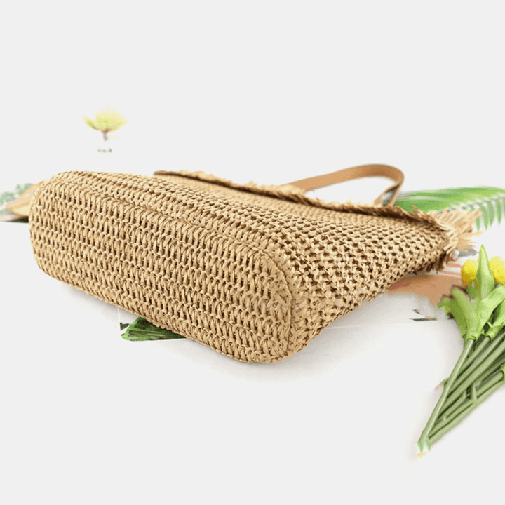 Women Straw Large Capacity Casual Retro Breathable Beach Bag Handbag Shoulder Bag - MRSLM