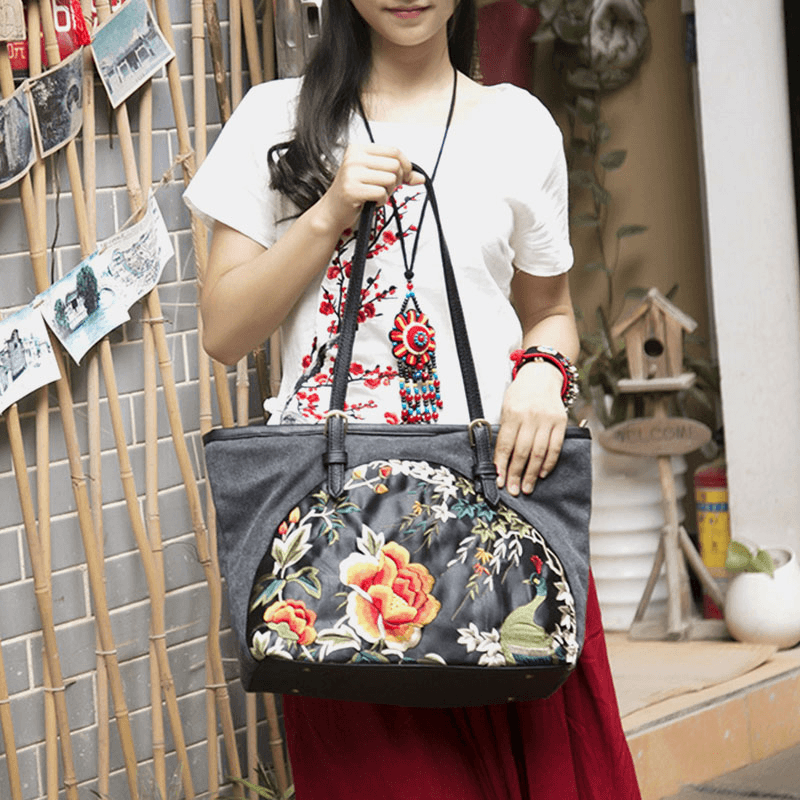 Women Canvas Ethnic Style Embroidered Floral Large Capacity Handbag Shoulder Bag Tote - MRSLM