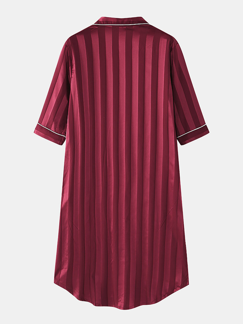 Women Silk Vertical Stripes Chest Pocket Long Sleeve Shirt Nightdress - MRSLM