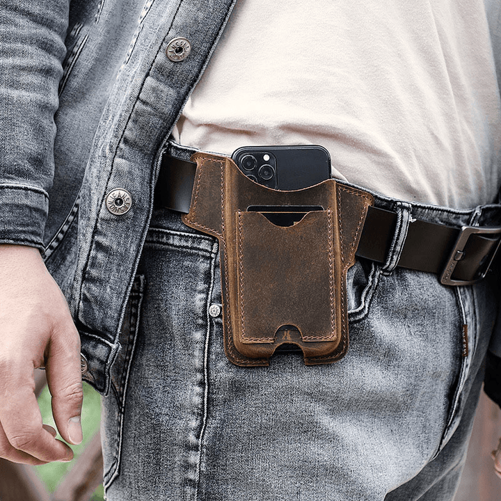 Men Genuine Leather Vintage EDC 5.8 Inch Phone Bag Phone Case ID Wallets Purse Waist Bag - MRSLM