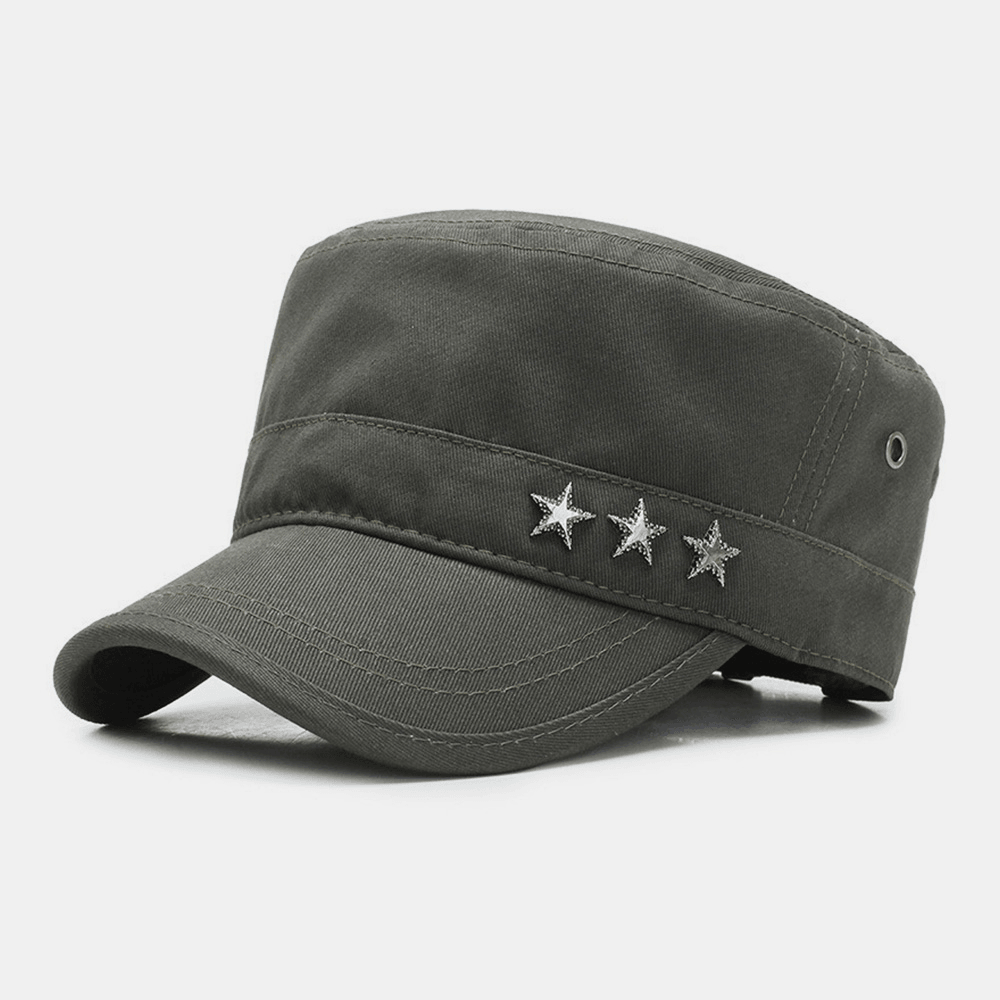 Men Solid Color Five-Pointed Star Label Breathable Hole Design Army Cap Cadet Hat Casual Sunshade Military Cap Flat Top Cap - MRSLM