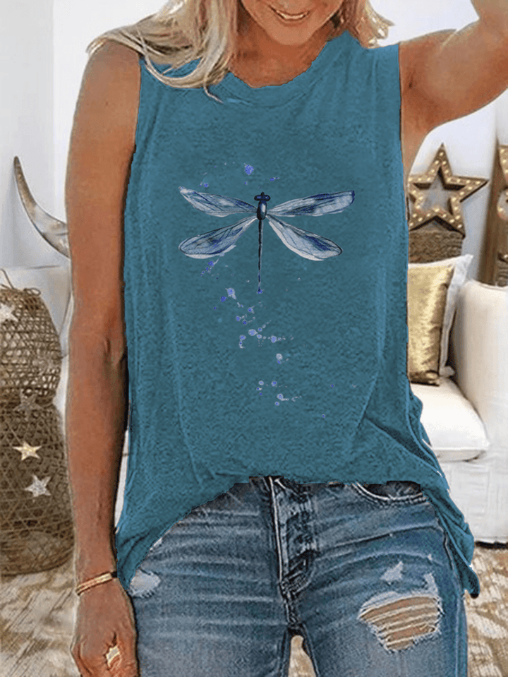 Women Dragonfly Print Sleeveless Casual Tank Tops - MRSLM