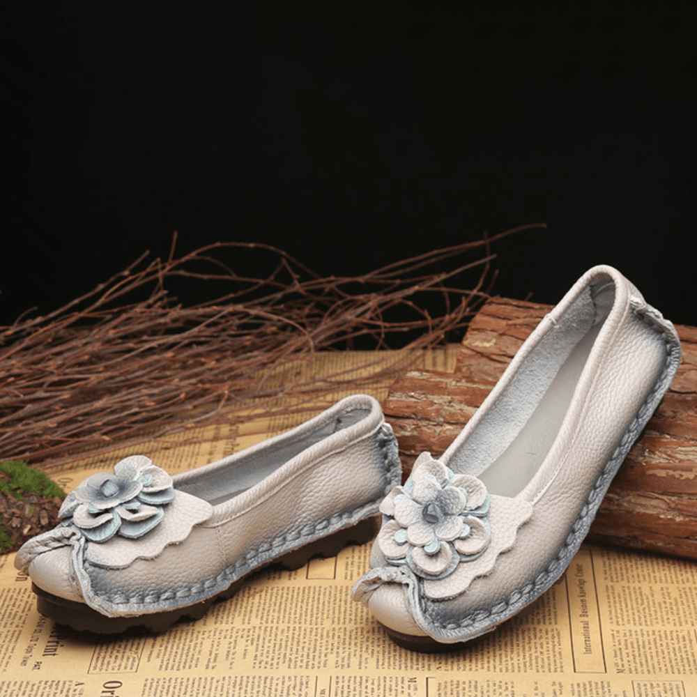 Women Shoes Casual Comfortable Floral Leather Flats - MRSLM