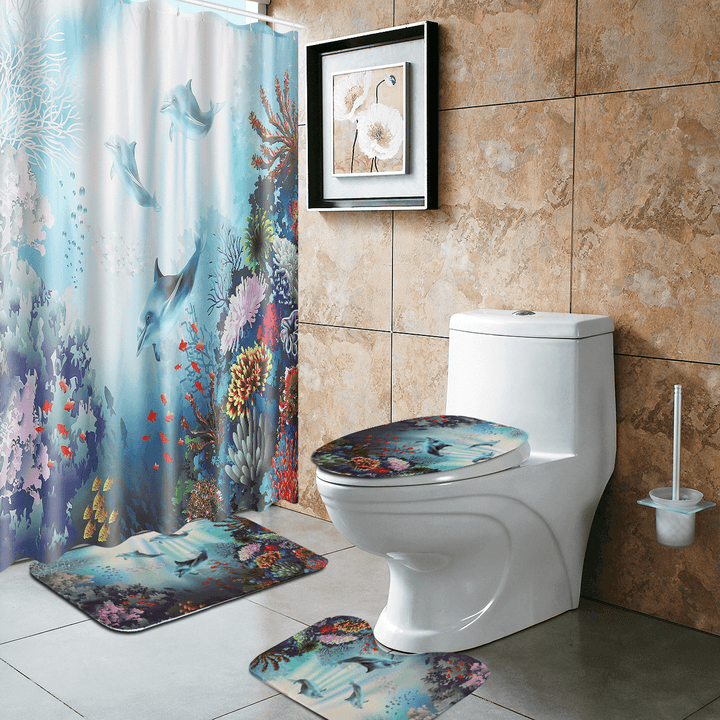 Printed Ocean World Whale Waterproof Bathroom Shower Curtain Toilet Mat Set - MRSLM