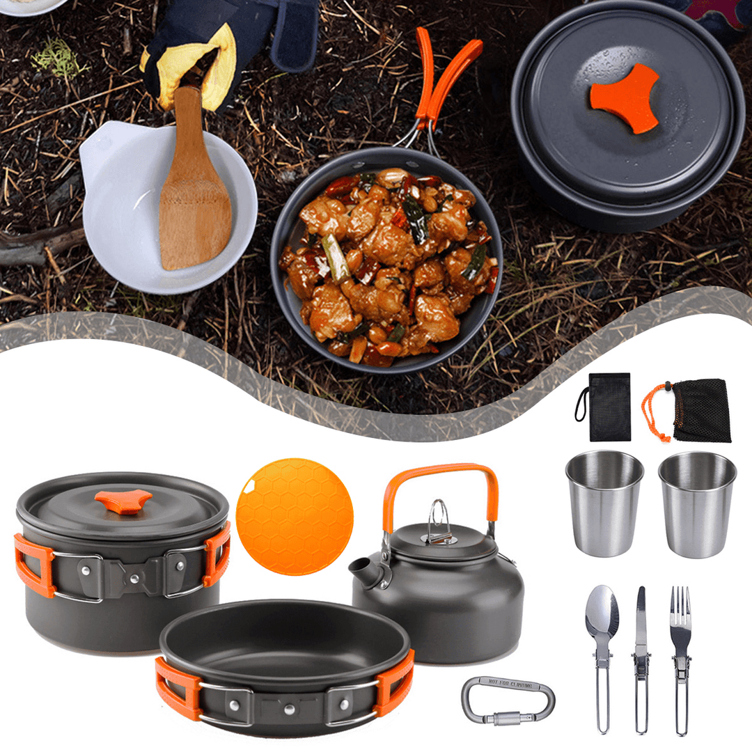 12 Pcs Camping Cookware Set Bowl Pan Pot Water Cup Spoon Portable Tableware Outdoor Picnic - MRSLM