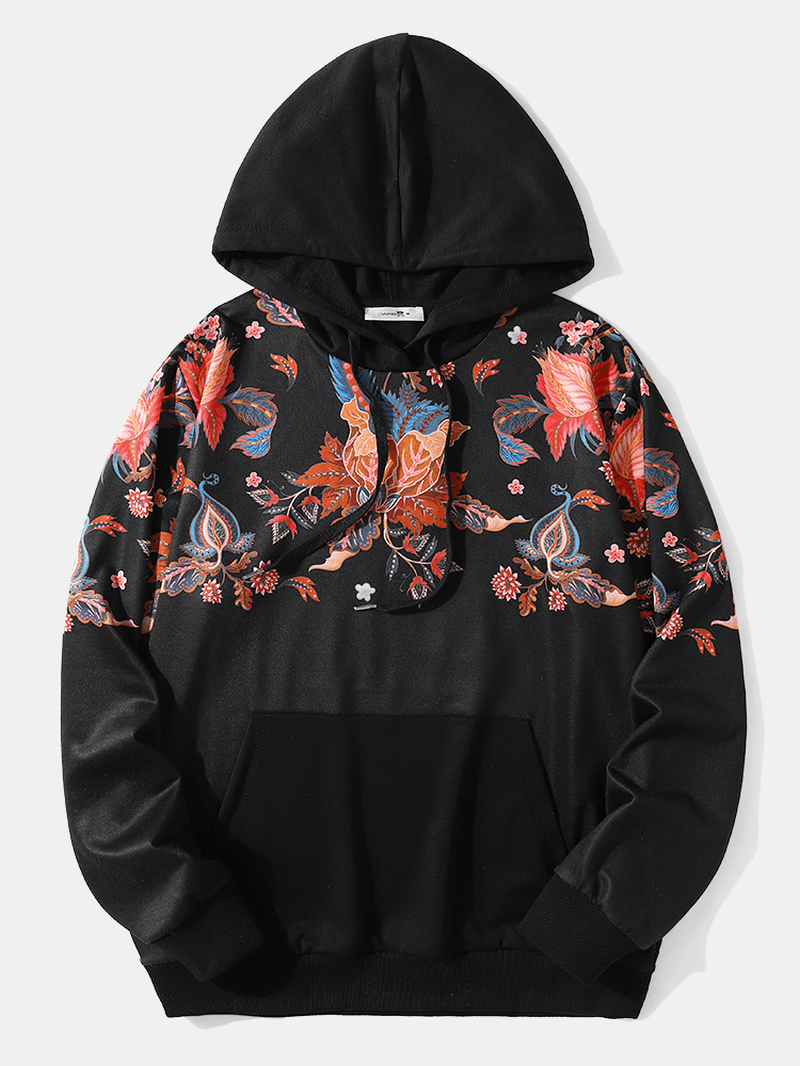 Mens Vintage Flower Printing Drawstring Hoodies with Kangaroo Pocket - MRSLM