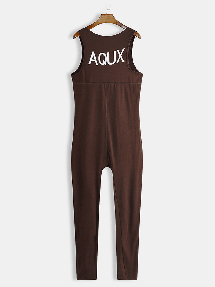 Men Cotton Letter Print Solid Color Sleeveless Full Length Jumpsuit Casual Home Onesies Sleepwear - MRSLM