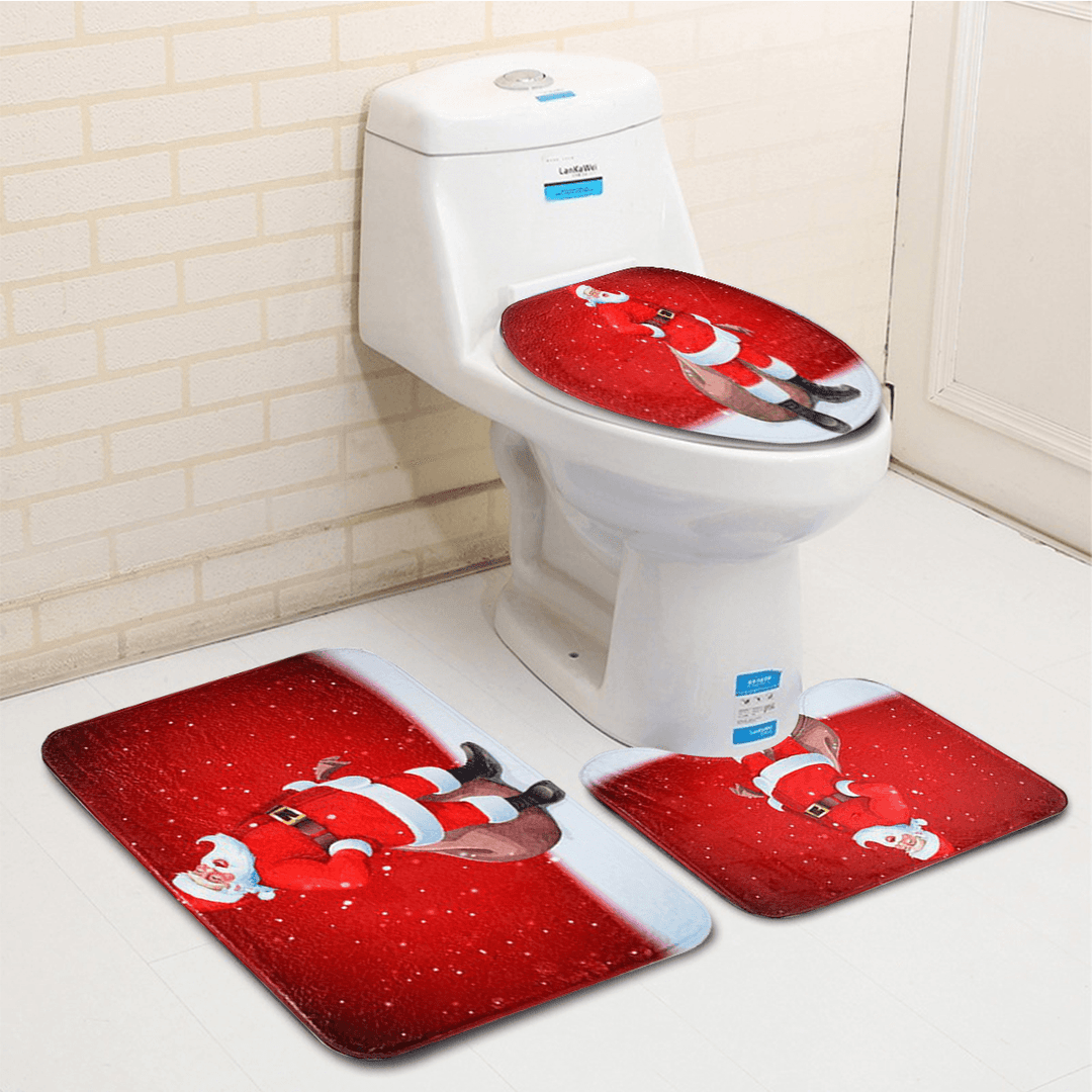 3PCS Christmas Snowman Toilet Mat Set Non-Slip Waterproof Bathroom Door Mat Set - MRSLM