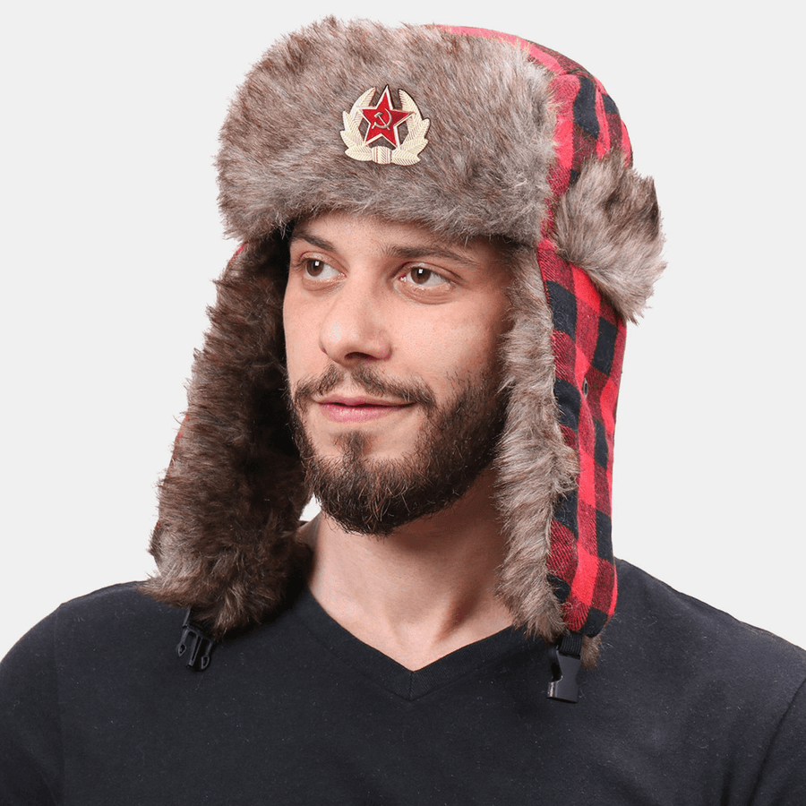 Men Plush Plaid Soviet Badge Windproof Waterproof Ushanka Hat Outdoor Sport Thicken Ear Protection Warm Trapper Hat - MRSLM