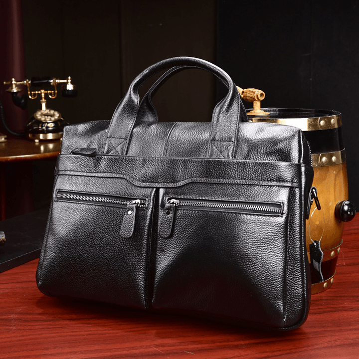 Men Genuine Leather Business Multi-Carry 14 Inch Laptop Bag Briefcase Crossbody Bag Shoulder Bag - MRSLM