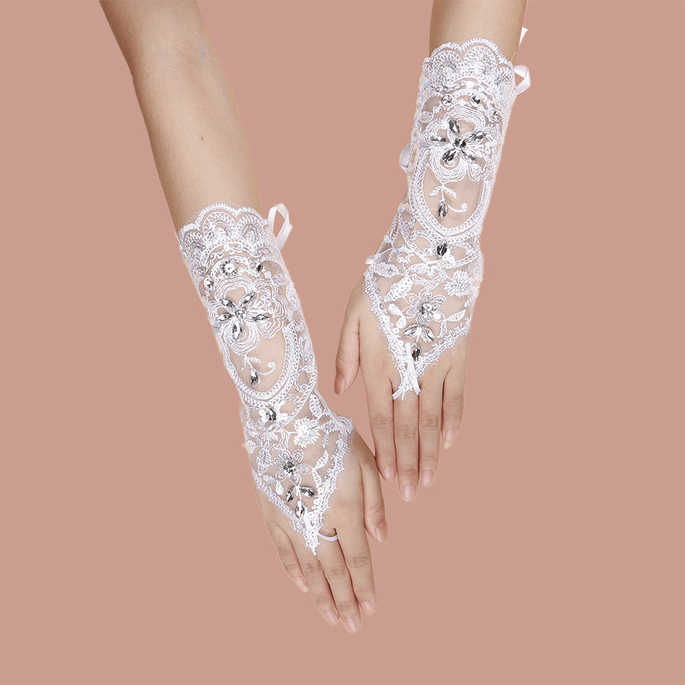 Women Lace Flowers with Rhinestone Bandage Split Finger Gloves Mid-Length Wild Mesh Breathable Sun Protection Sleeves - MRSLM