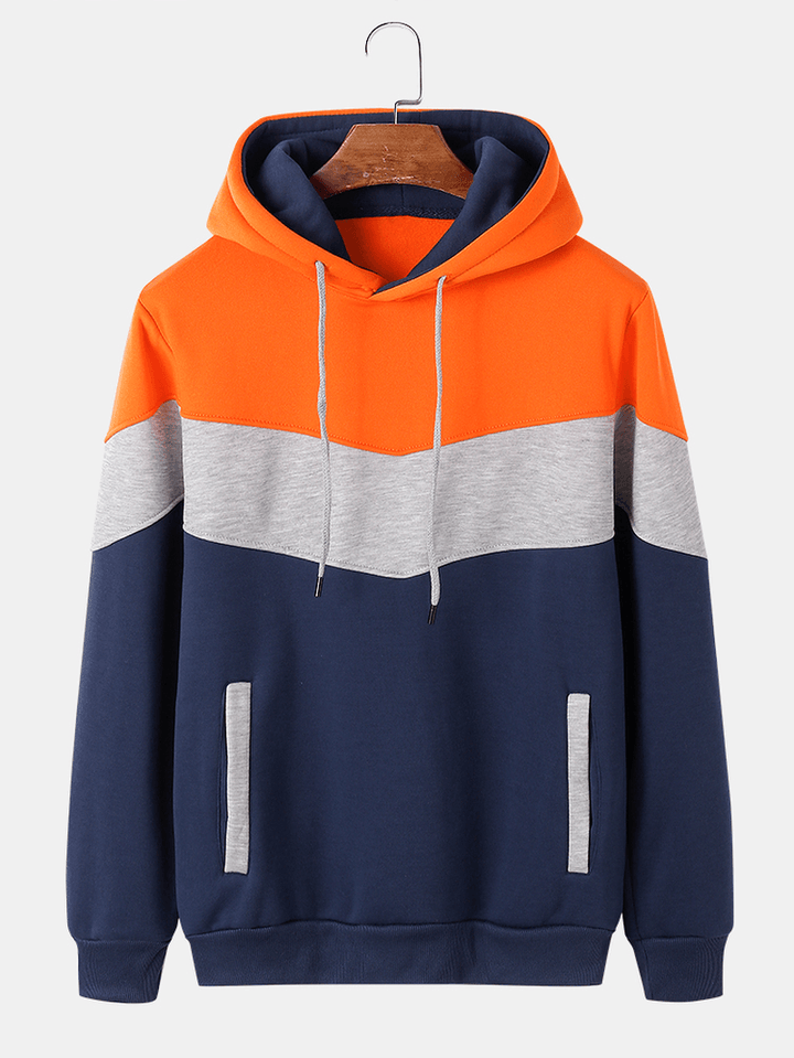 Mens Color Block Patchwork Flocking Casual Loose Drawstring Hoodies with Pocket - MRSLM