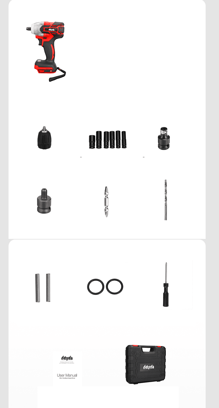 Mensela EW-L1 3In1 18V 3500RPM 380N.M Brushless Impact Wrench 3 Speeds Wireless Rechargeable Screwdriver Drill W/ None/1/2 2.0AH Battery & LED Working Light - MRSLM