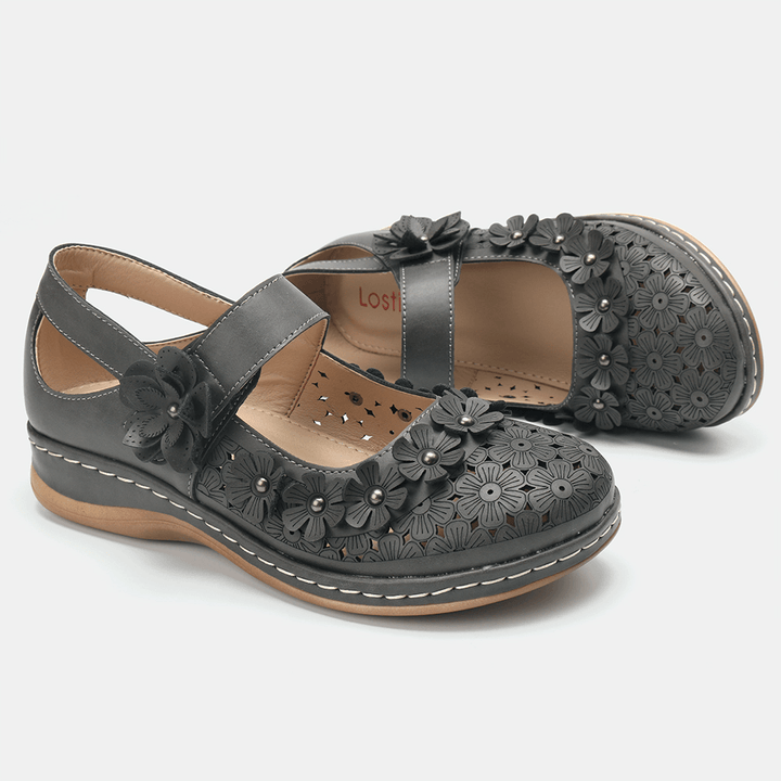 LOSTISY Women Comfy Flowers Hollow Hook Loop Flats - MRSLM