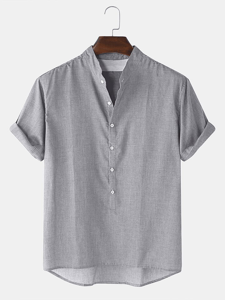 Mens Casual Cotton Stand Collar Solid Color Breathable Short Sleeve Henley Shirts - MRSLM