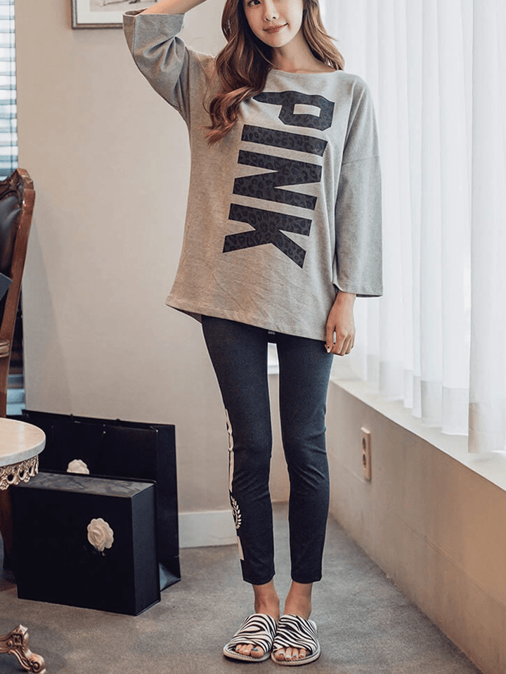 Womens Letter Print Ruond Neck Long Sleeve Home Casual Pajama Set - MRSLM