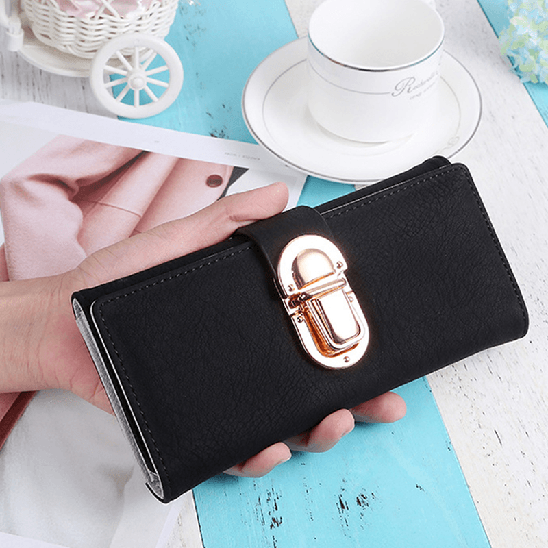 Women PU Leather Hardware Hasp Fold over Card Holder Purse Wallet - MRSLM