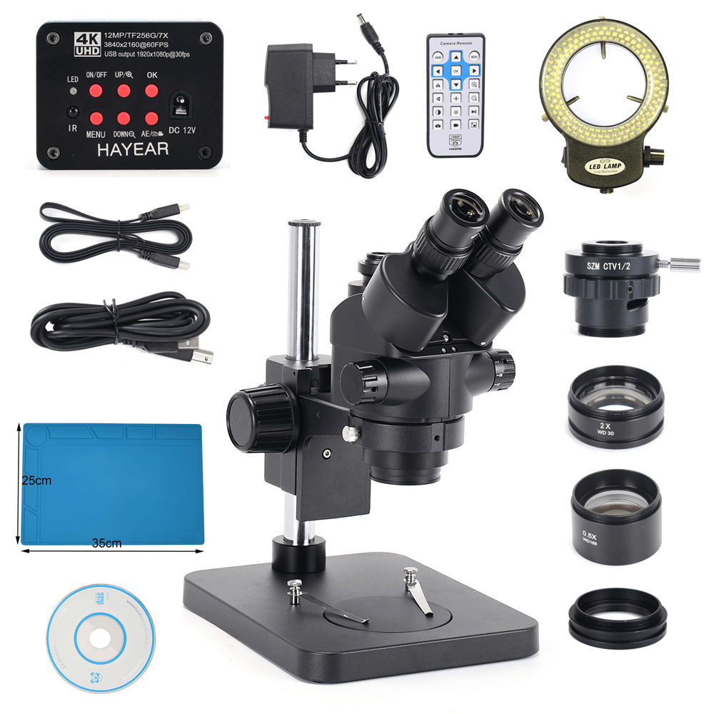 HAYEAR 4K HDMI Microscope Camera + 7X-45X Simul-Focal Trinocular Zoom Stereo Microscope Kit for Industrial PCB - MRSLM