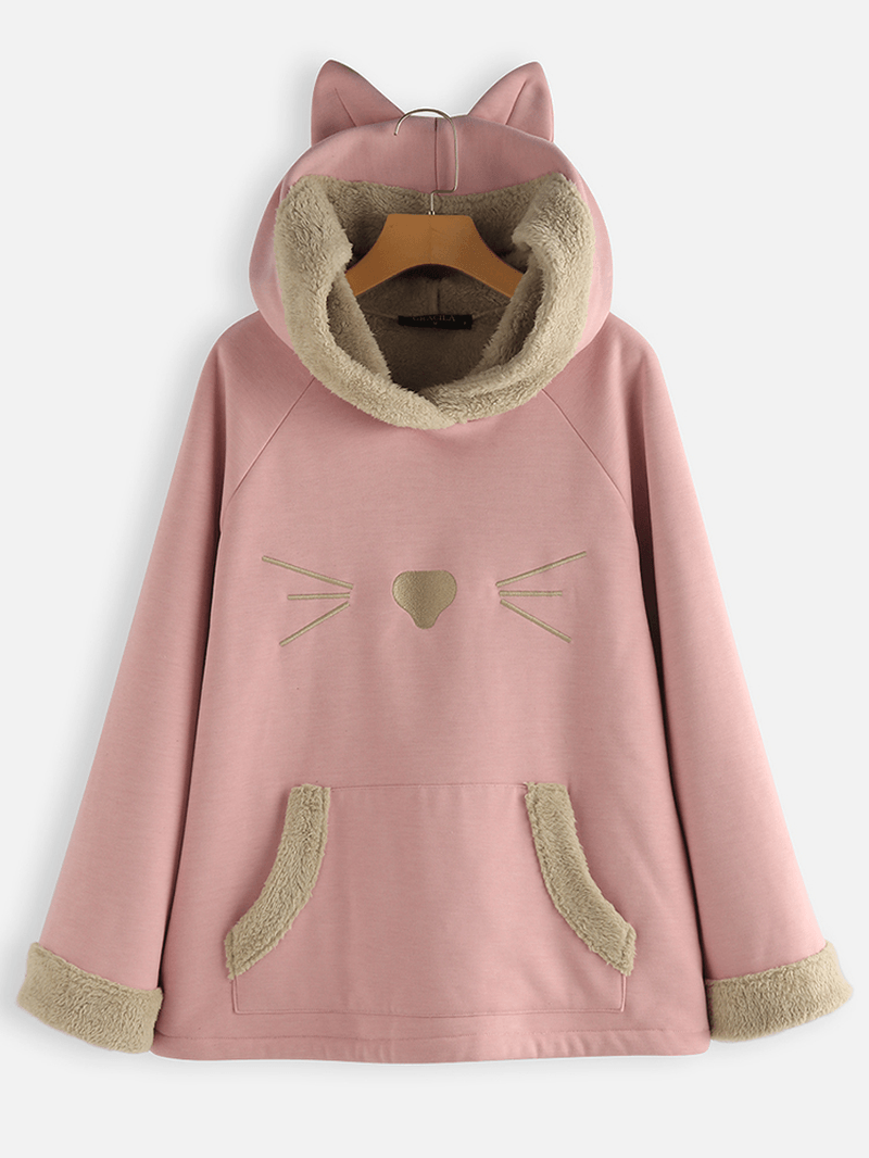 Ears Hooded Fleece Patchwork Cartoon Print Sweatshirt - MRSLM