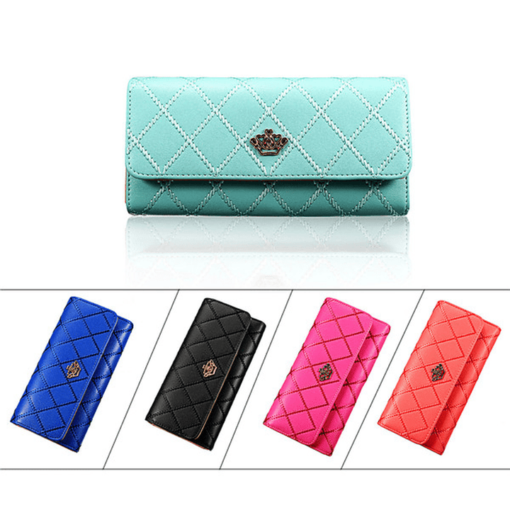 Women Quilted Crown Long Wallet Girls Candy Color Purse Card Holder Coin Bags - MRSLM