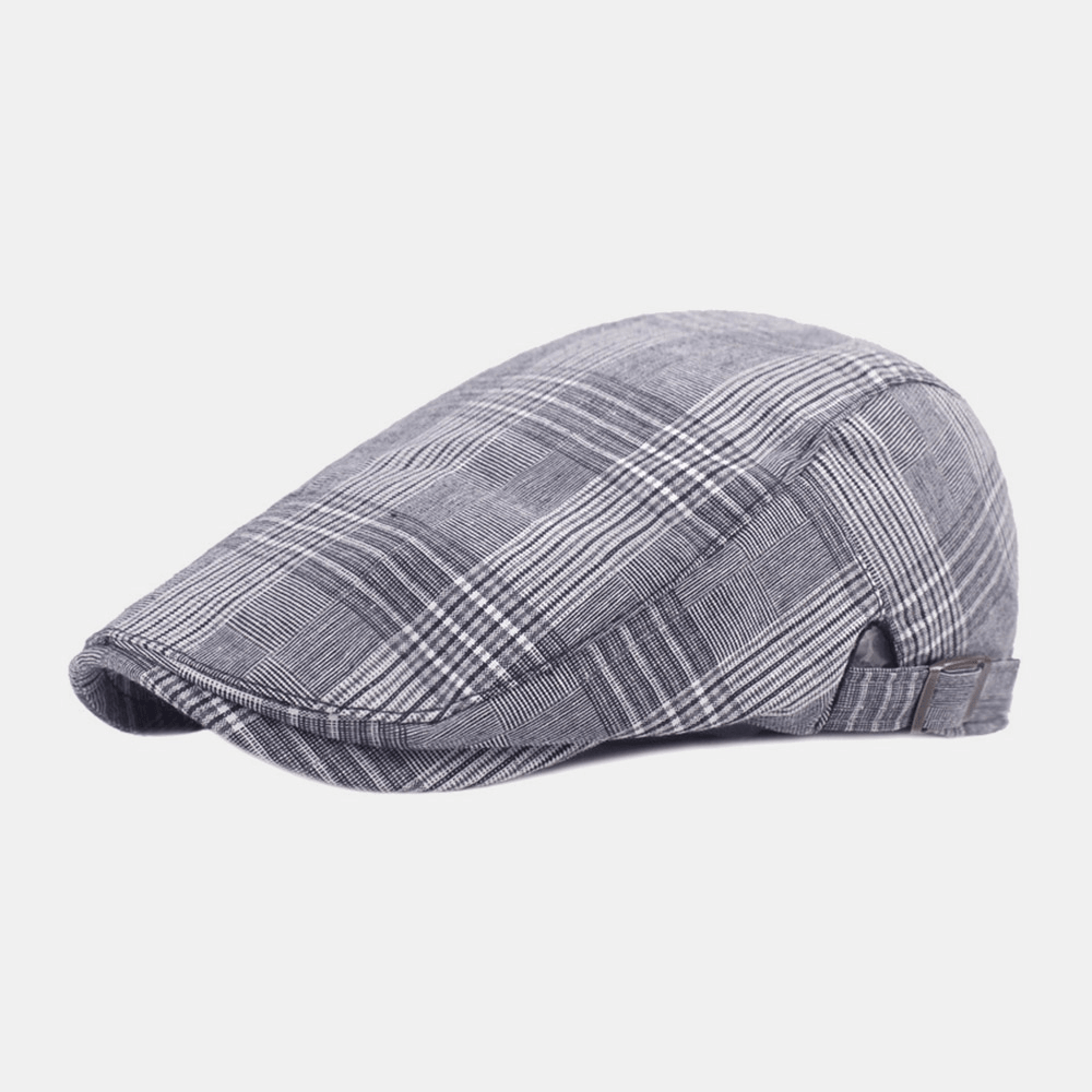 Men Cotton Beret Cap Plaid Pattern Casual Retro Sunshade Forward Cap Flat Hat - MRSLM