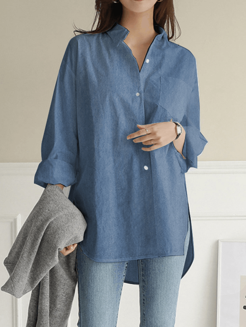 Women Solid Color Turn-Down Collar Blouse Irregular Hem Chest Pocket Splited Denim Shirts - MRSLM